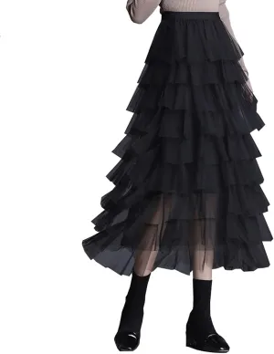 Women's Elastic Waist Tiered Layered Mesh Ballet Prom Party Tulle Tutu A-line Long Skirt