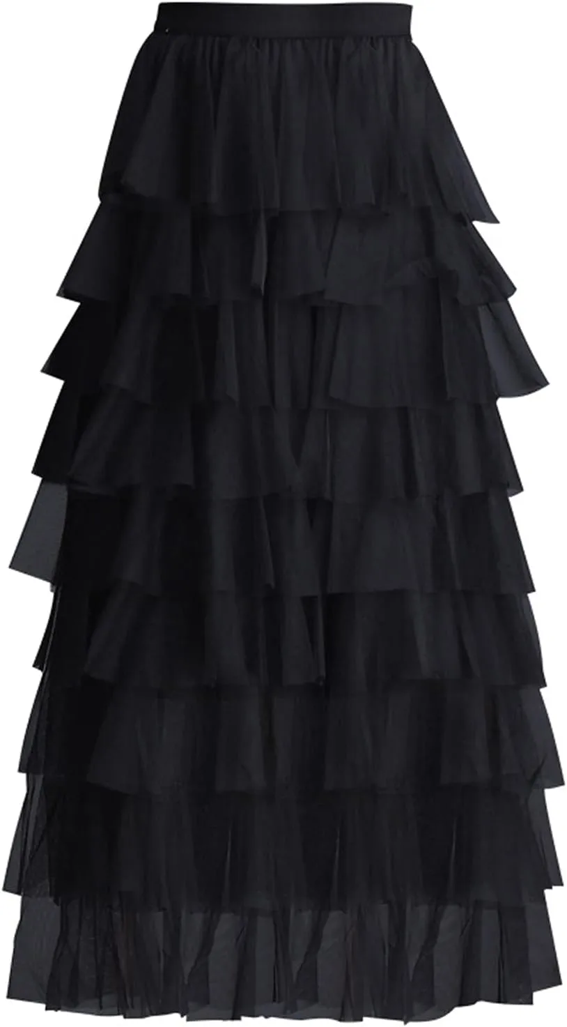 Women's Elastic Waist Tiered Layered Mesh Ballet Prom Party Tulle Tutu A-line Long Skirt