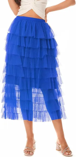 Women's Elastic Waist Tiered Layered Mesh Ballet Prom Party Tulle Tutu A-line Long Skirt