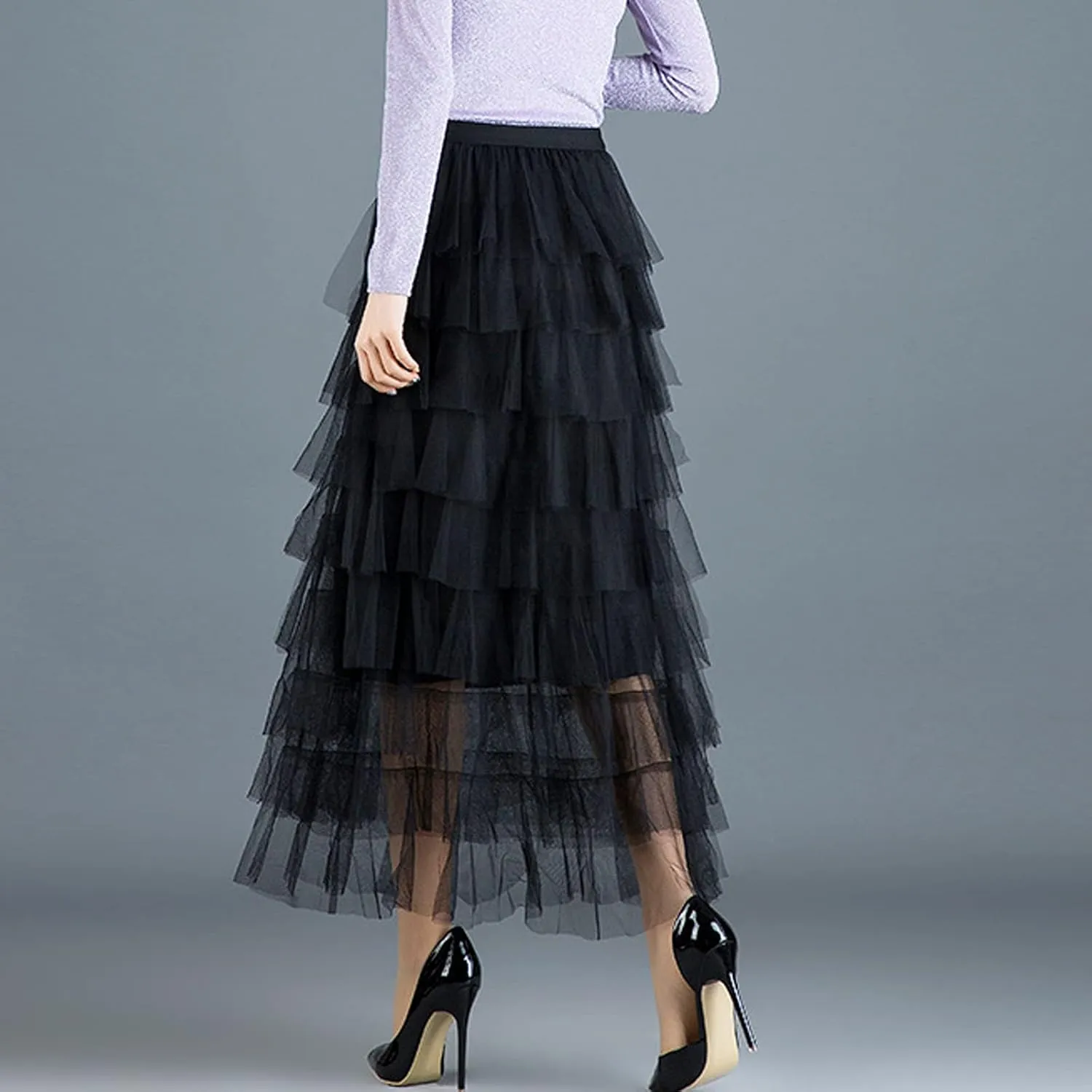 Women's Elastic Waist Tiered Layered Mesh Ballet Prom Party Tulle Tutu A-line Long Skirt