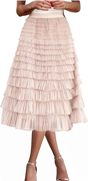 Womens Elegant A Line Skirts Midi Mesh Flowy Skirts Tiered Tulle Skirts Puffy Layered Ruffle Skirt Fluffy Fairy Skirt