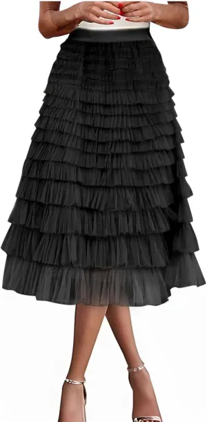 Womens Elegant A Line Skirts Midi Mesh Flowy Skirts Tiered Tulle Skirts Puffy Layered Ruffle Skirt Fluffy Fairy Skirt