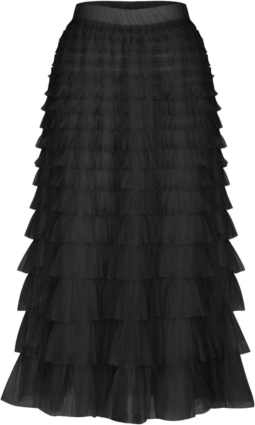 Womens Elegant A Line Skirts Midi Mesh Flowy Skirts Tiered Tulle Skirts Puffy Layered Ruffle Skirt Fluffy Fairy Skirt