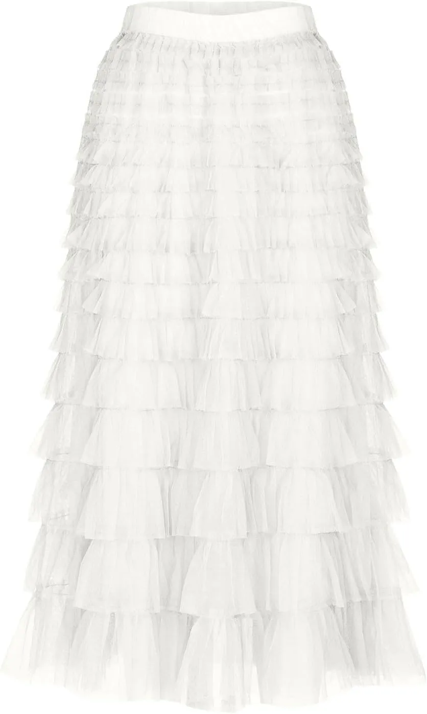 Womens Elegant A Line Skirts Midi Mesh Flowy Skirts Tiered Tulle Skirts Puffy Layered Ruffle Skirt Fluffy Fairy Skirt