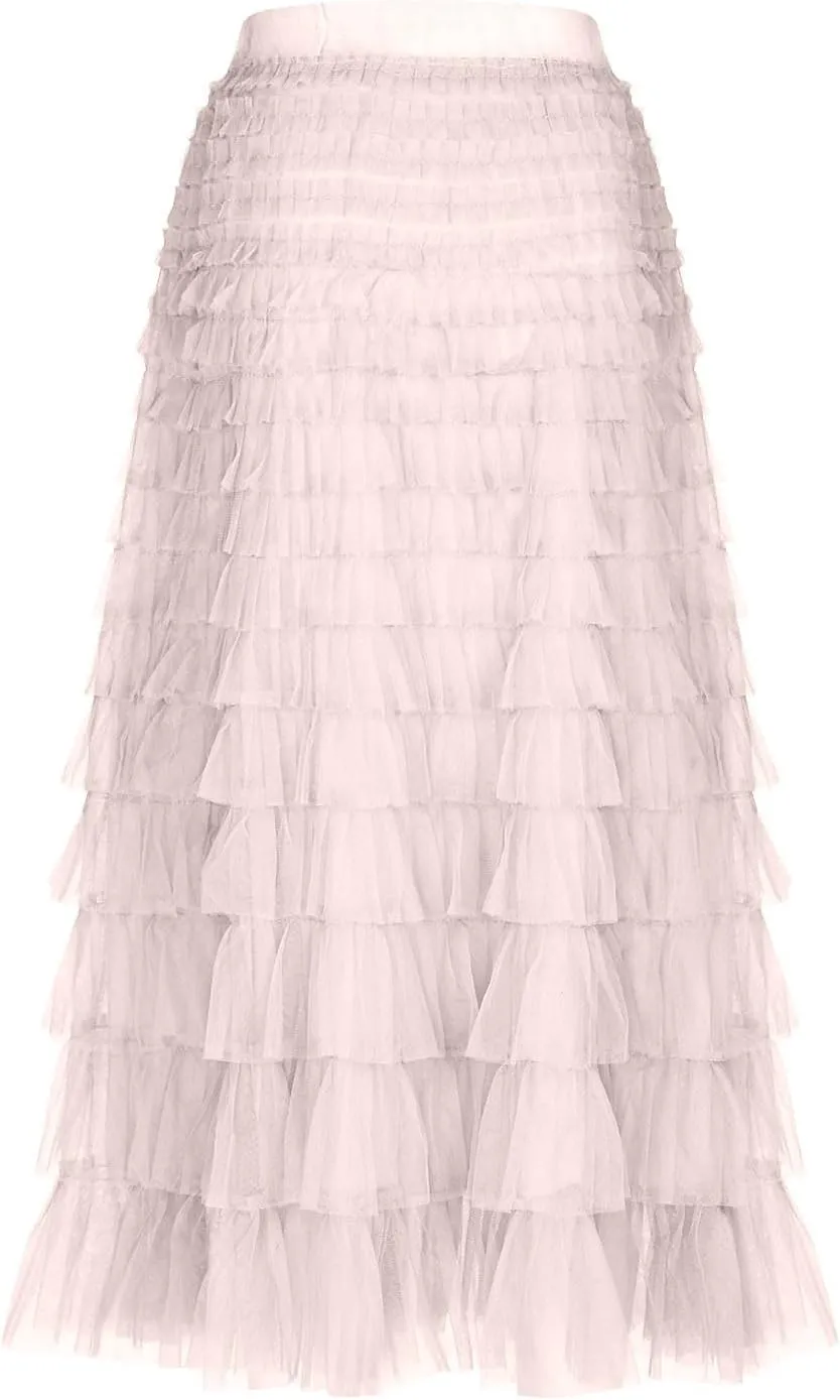 Womens Elegant A Line Skirts Midi Mesh Flowy Skirts Tiered Tulle Skirts Puffy Layered Ruffle Skirt Fluffy Fairy Skirt