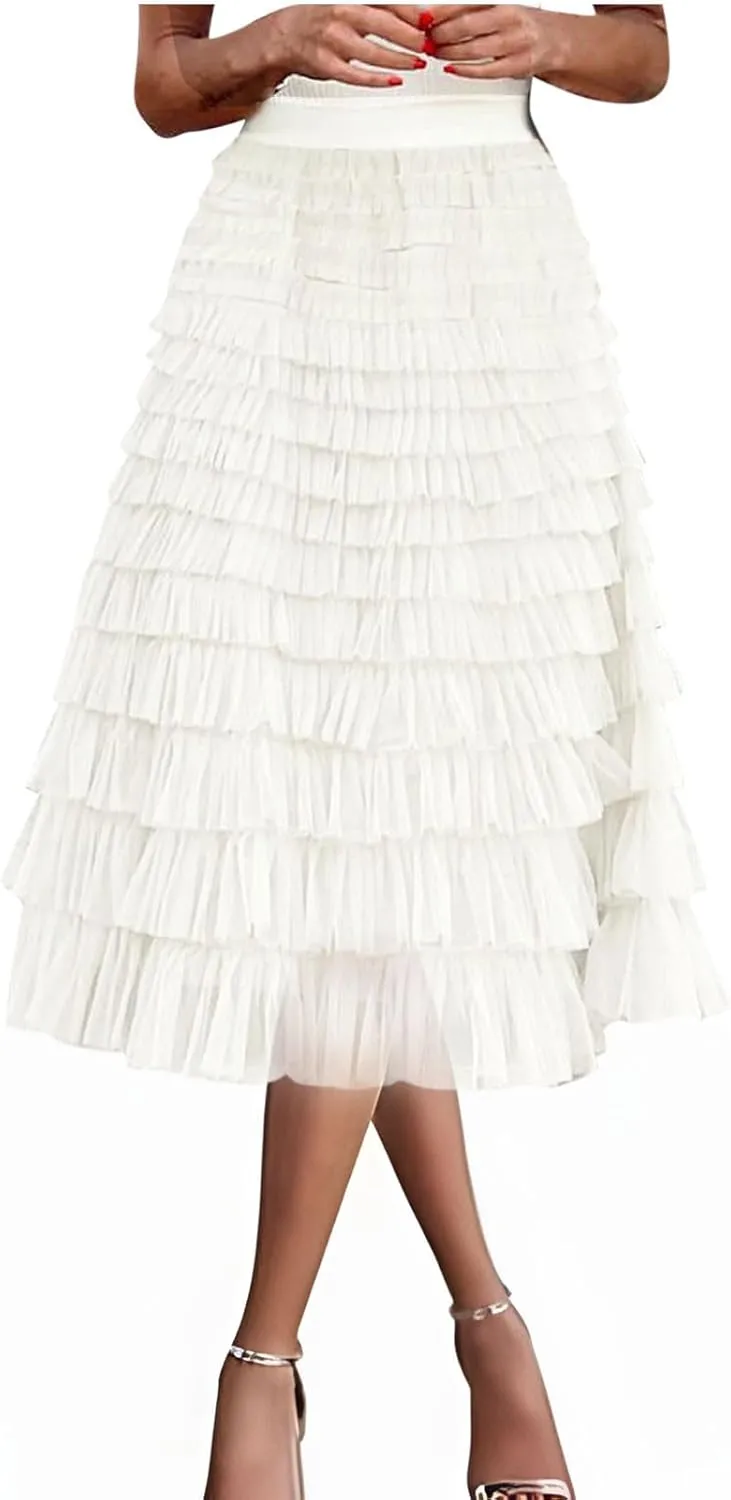 Womens Elegant A Line Skirts Midi Mesh Flowy Skirts Tiered Tulle Skirts Puffy Layered Ruffle Skirt Fluffy Fairy Skirt