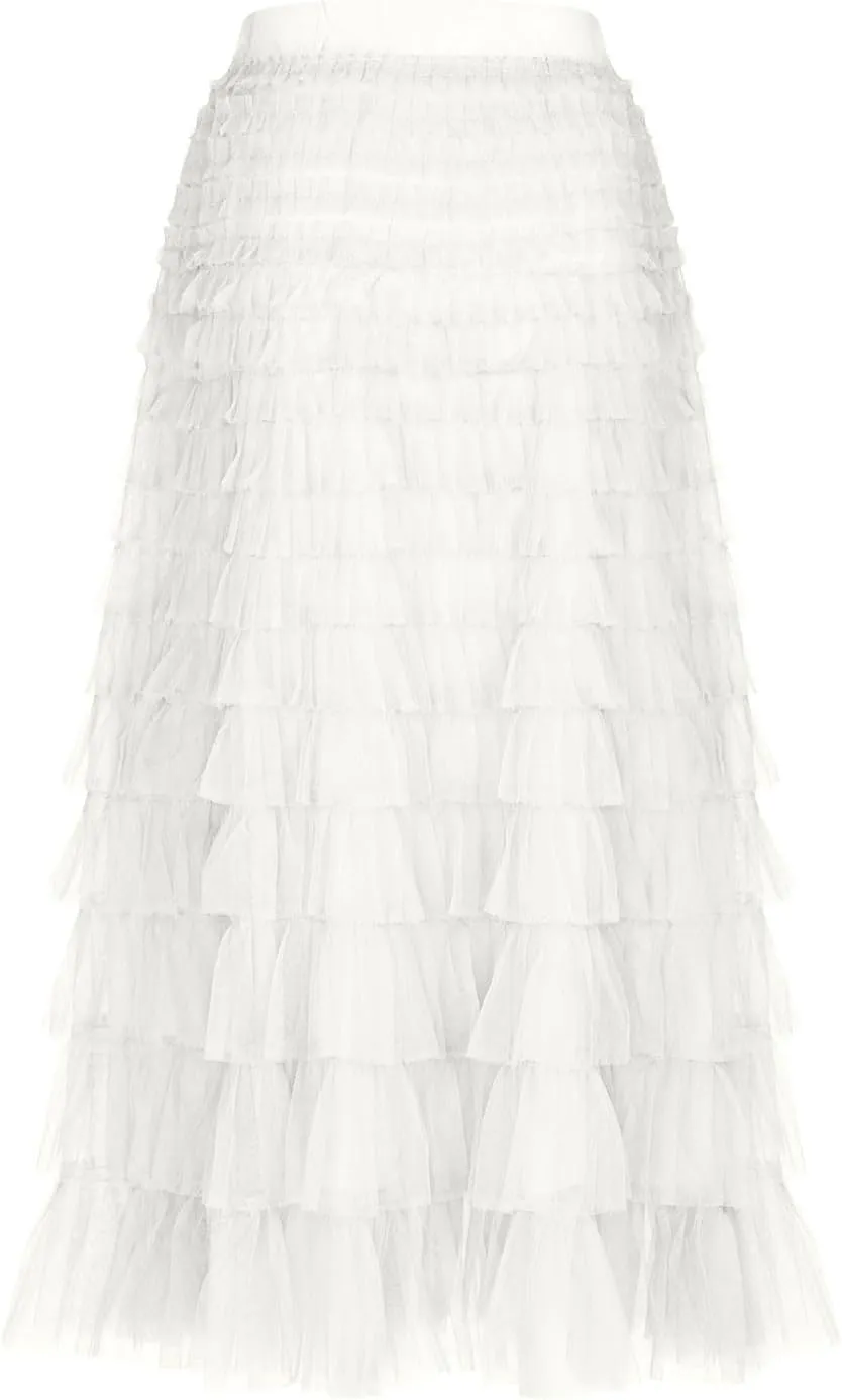 Womens Elegant A Line Skirts Midi Mesh Flowy Skirts Tiered Tulle Skirts Puffy Layered Ruffle Skirt Fluffy Fairy Skirt