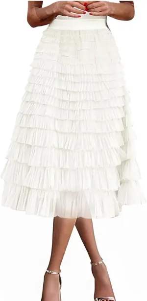 Womens Elegant A Line Skirts Midi Mesh Flowy Skirts Tiered Tulle Skirts Puffy Layered Ruffle Skirt Fluffy Fairy Skirt
