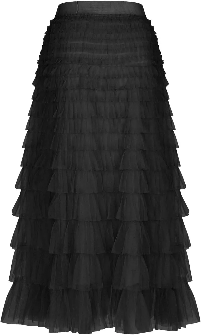 Womens Elegant A Line Skirts Midi Mesh Flowy Skirts Tiered Tulle Skirts Puffy Layered Ruffle Skirt Fluffy Fairy Skirt