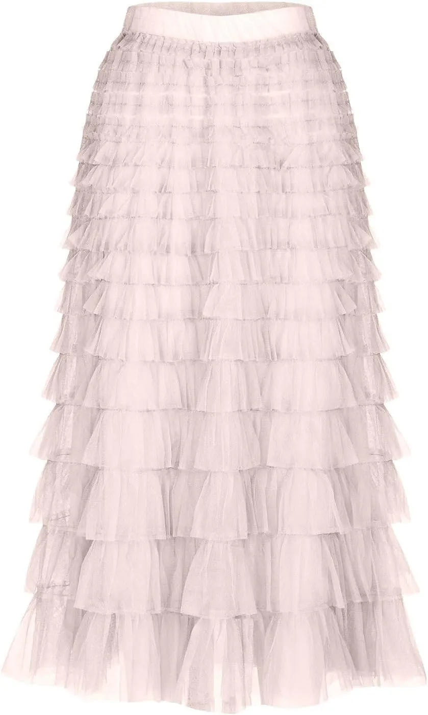 Womens Elegant A Line Skirts Midi Mesh Flowy Skirts Tiered Tulle Skirts Puffy Layered Ruffle Skirt Fluffy Fairy Skirt