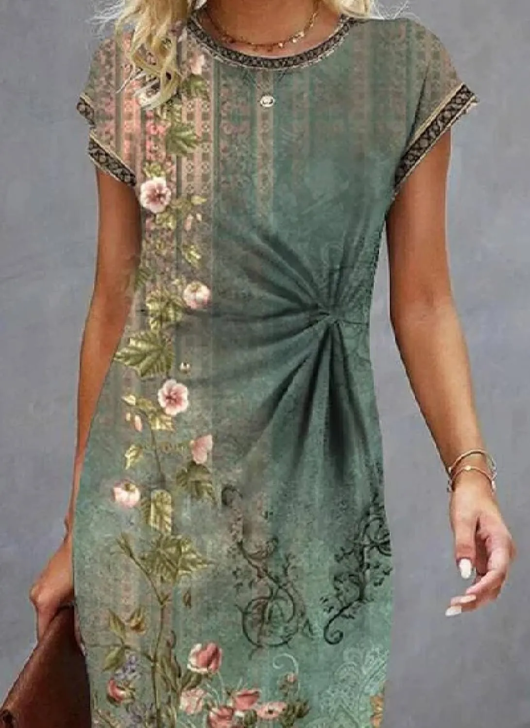 Women's Floral Print Green Mini Dress 2025 Summer Elegant Slim Front Knot Round Neck Short Sleeve Shift Short Dresses
