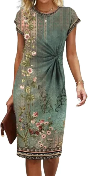 Women's Floral Print Green Mini Dress 2025 Summer Elegant Slim Front Knot Round Neck Short Sleeve Shift Short Dresses