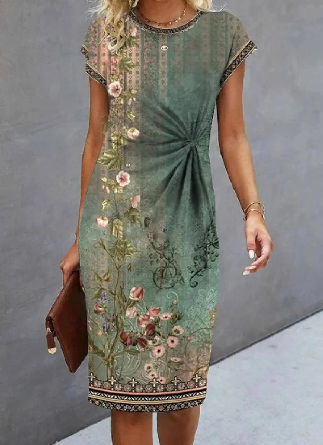 Women's Floral Print Green Mini Dress 2025 Summer Elegant Slim Front Knot Round Neck Short Sleeve Shift Short Dresses