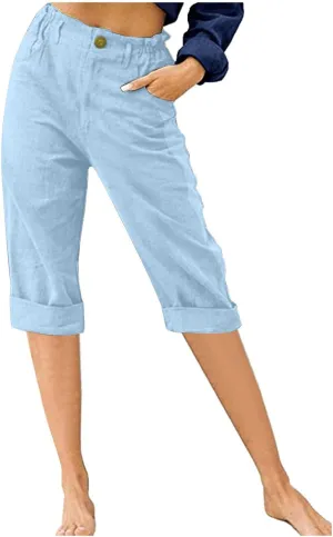 Women's Folded Hem Cotton Linen Shorts Elastic Waist Shorts Long Shorts Below The Knee Pocket Sporty Shorts