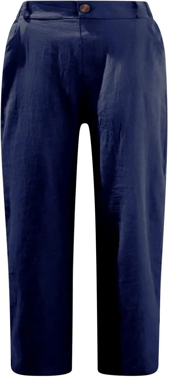 Women's Folded Hem Cotton Linen Shorts Elastic Waist Shorts Long Shorts Below The Knee Pocket Sporty Shorts