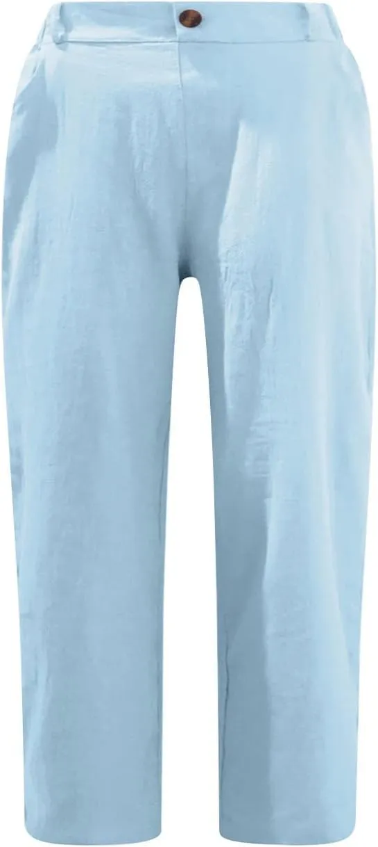 Women's Folded Hem Cotton Linen Shorts Elastic Waist Shorts Long Shorts Below The Knee Pocket Sporty Shorts