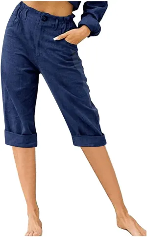 Women's Folded Hem Cotton Linen Shorts Elastic Waist Shorts Long Shorts Below The Knee Pocket Sporty Shorts