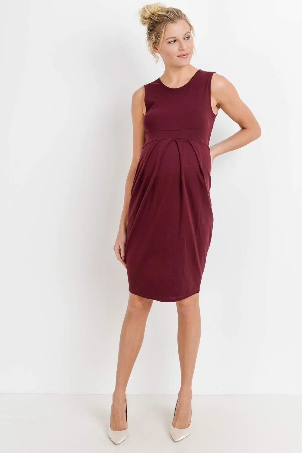 Womens Front Pleat Knee Length Midi Maternity Dress