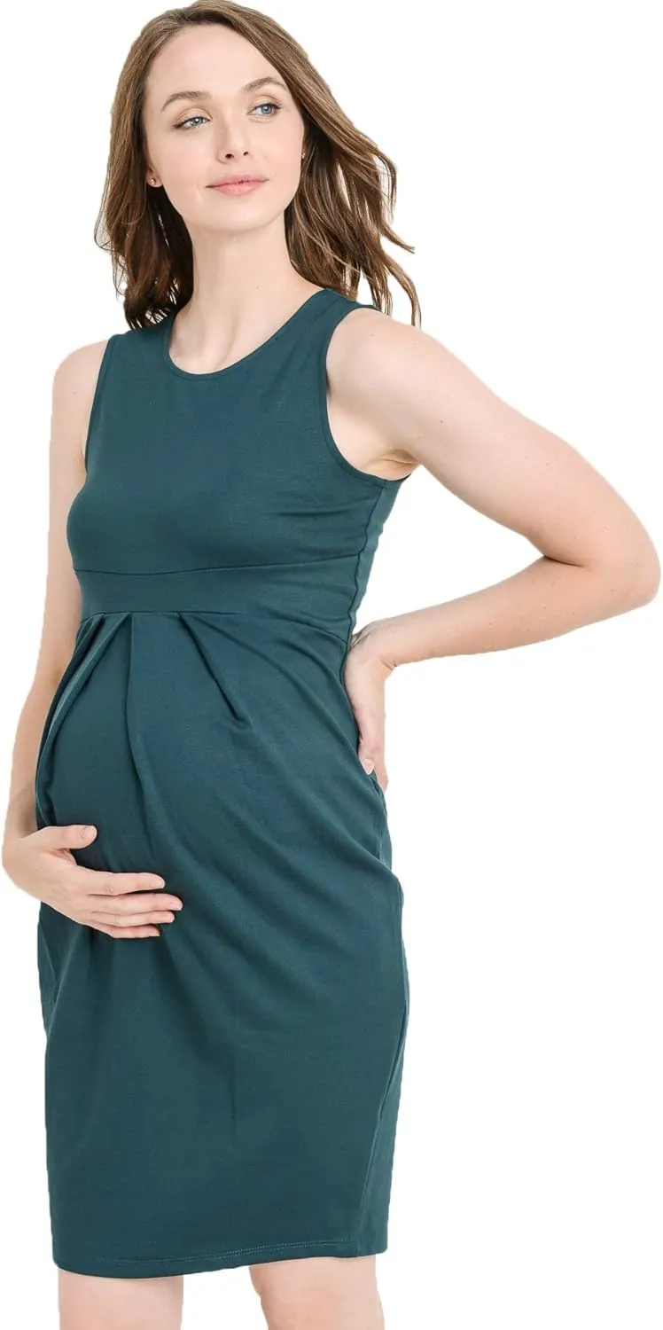 Womens Front Pleat Knee Length Midi Maternity Dress