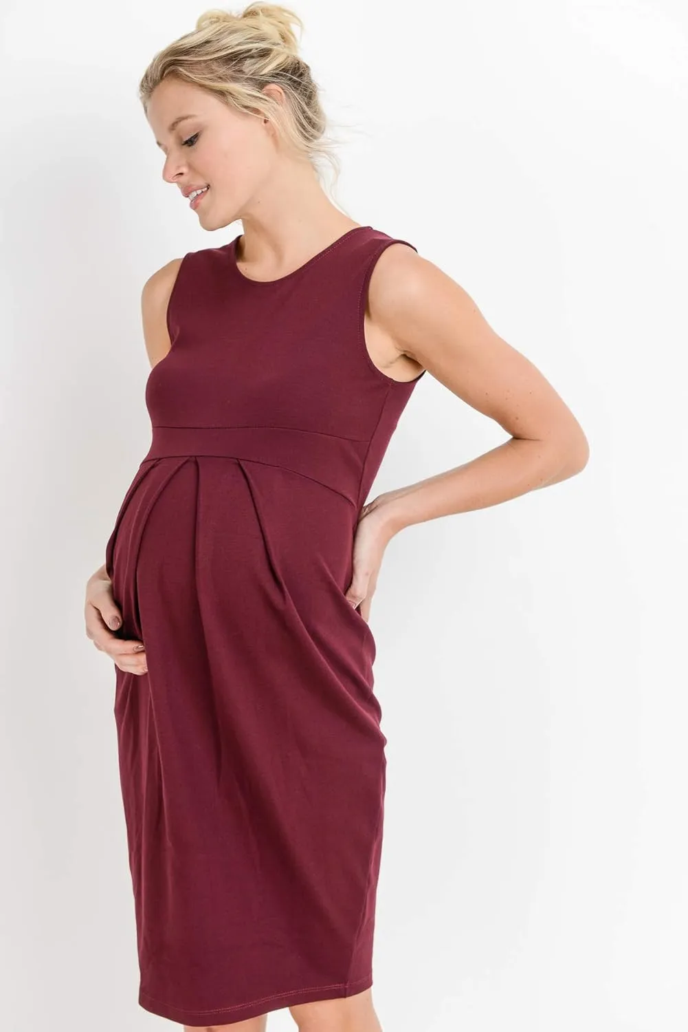 Womens Front Pleat Knee Length Midi Maternity Dress