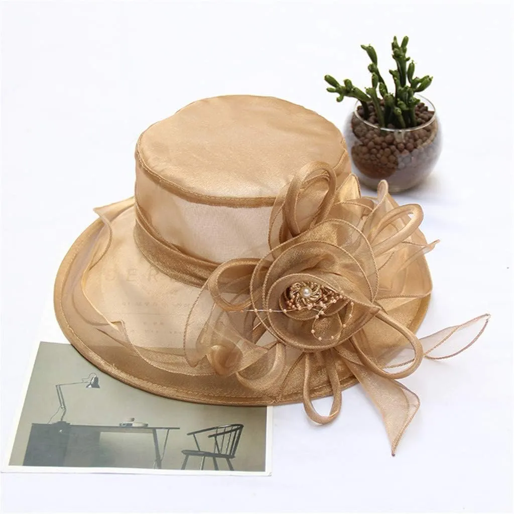 Women's Kentucky Church Derby Hat Organza Bowknot Fascinator Wedding Tea Party Hats Leaf Flower Wide Brim Sun Hat