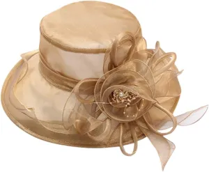 Women's Kentucky Church Derby Hat Organza Bowknot Fascinator Wedding Tea Party Hats Leaf Flower Wide Brim Sun Hat