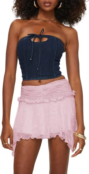 Women's Lace Ruched Mini Skirts High Waist Pleated Short Skirts Irregular Hem Casual Skirts