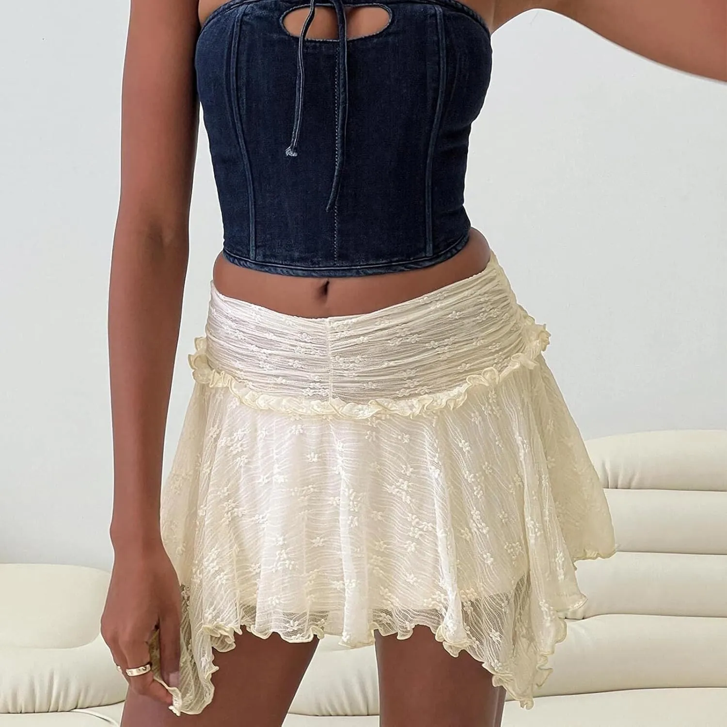 Women's Lace Ruched Mini Skirts High Waist Pleated Short Skirts Irregular Hem Casual Skirts