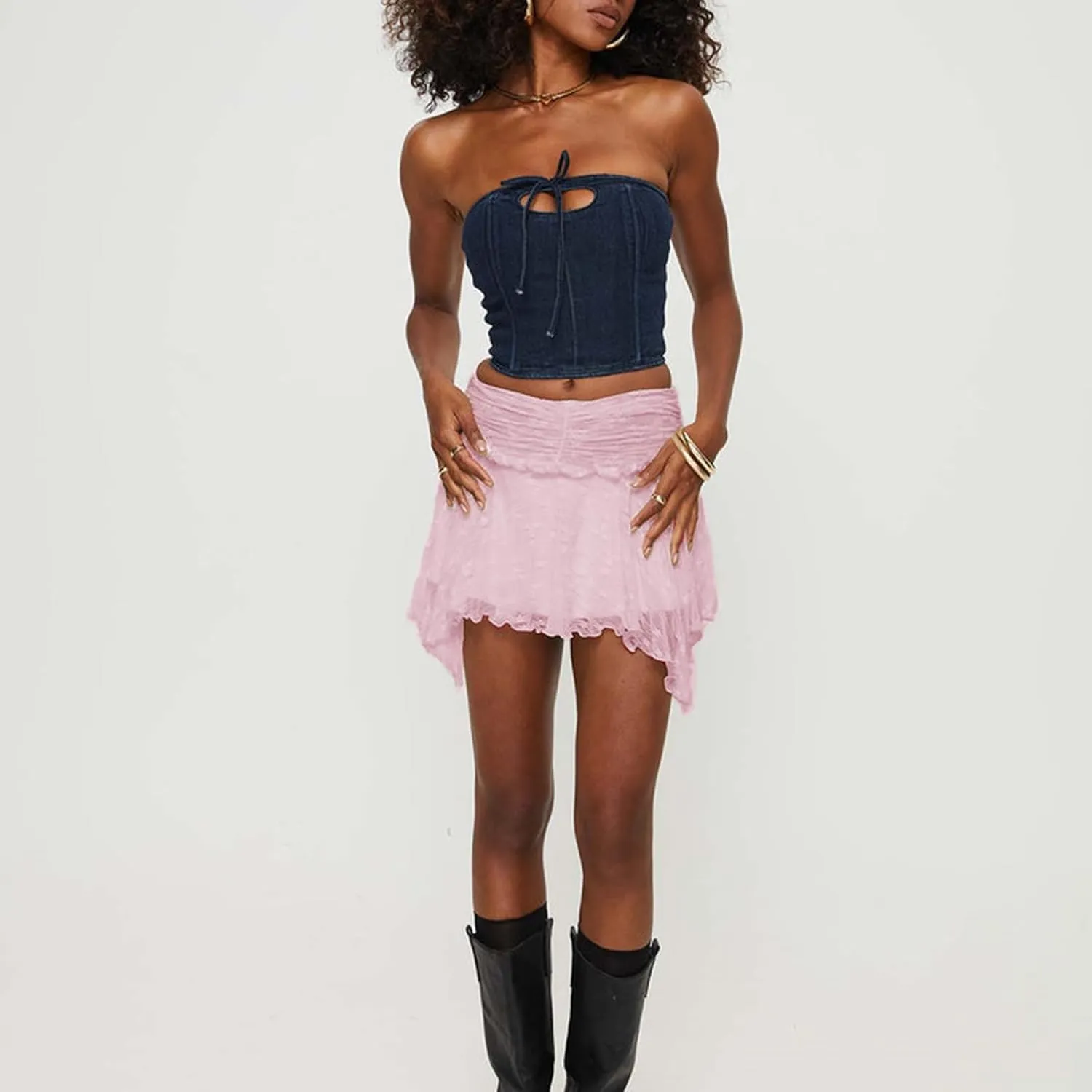 Women's Lace Ruched Mini Skirts High Waist Pleated Short Skirts Irregular Hem Casual Skirts