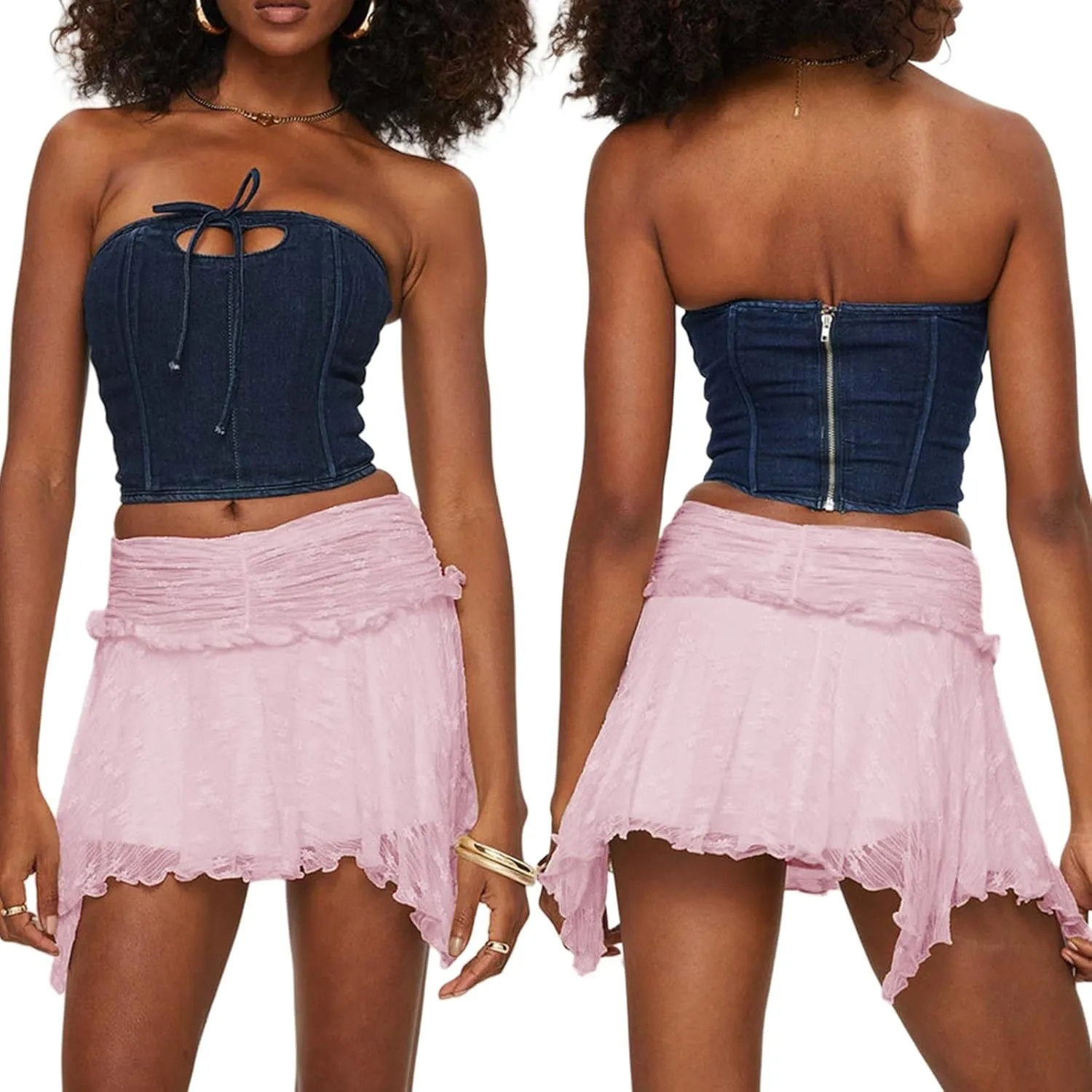 Women's Lace Ruched Mini Skirts High Waist Pleated Short Skirts Irregular Hem Casual Skirts
