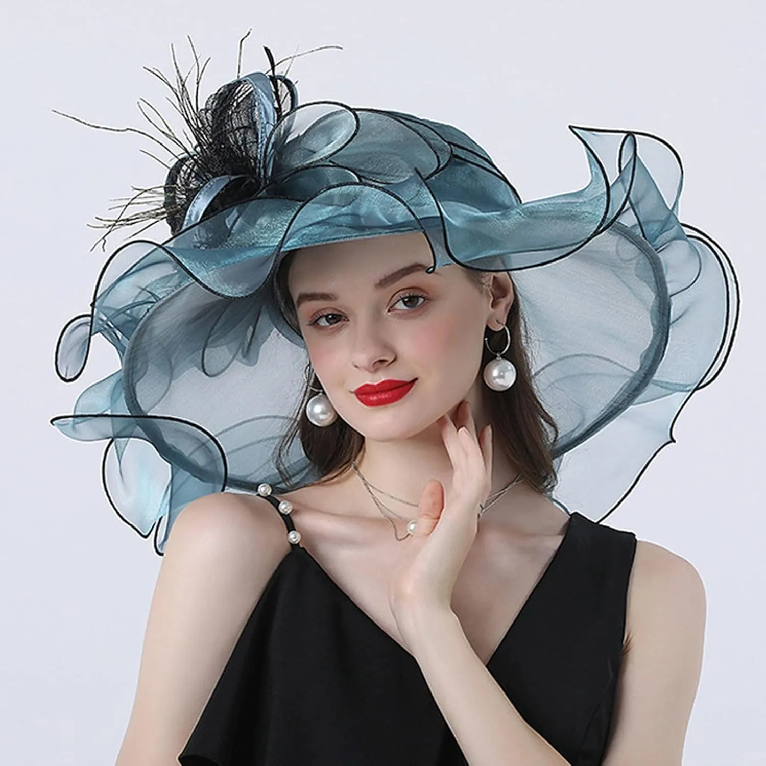 Women's Large Derby Hat Flower Feather Organza Church Flamboyant Fascinators Elegant Wide Brim Tea Party Sun Cap