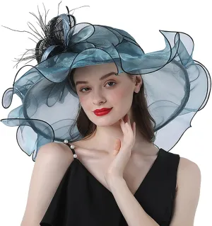 Women's Large Derby Hat Flower Feather Organza Church Flamboyant Fascinators Elegant Wide Brim Tea Party Sun Cap