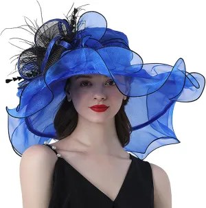 Women's Large Derby Hat Flower Feather Organza Church Flamboyant Fascinators Elegant Wide Brim Tea Party Sun Cap