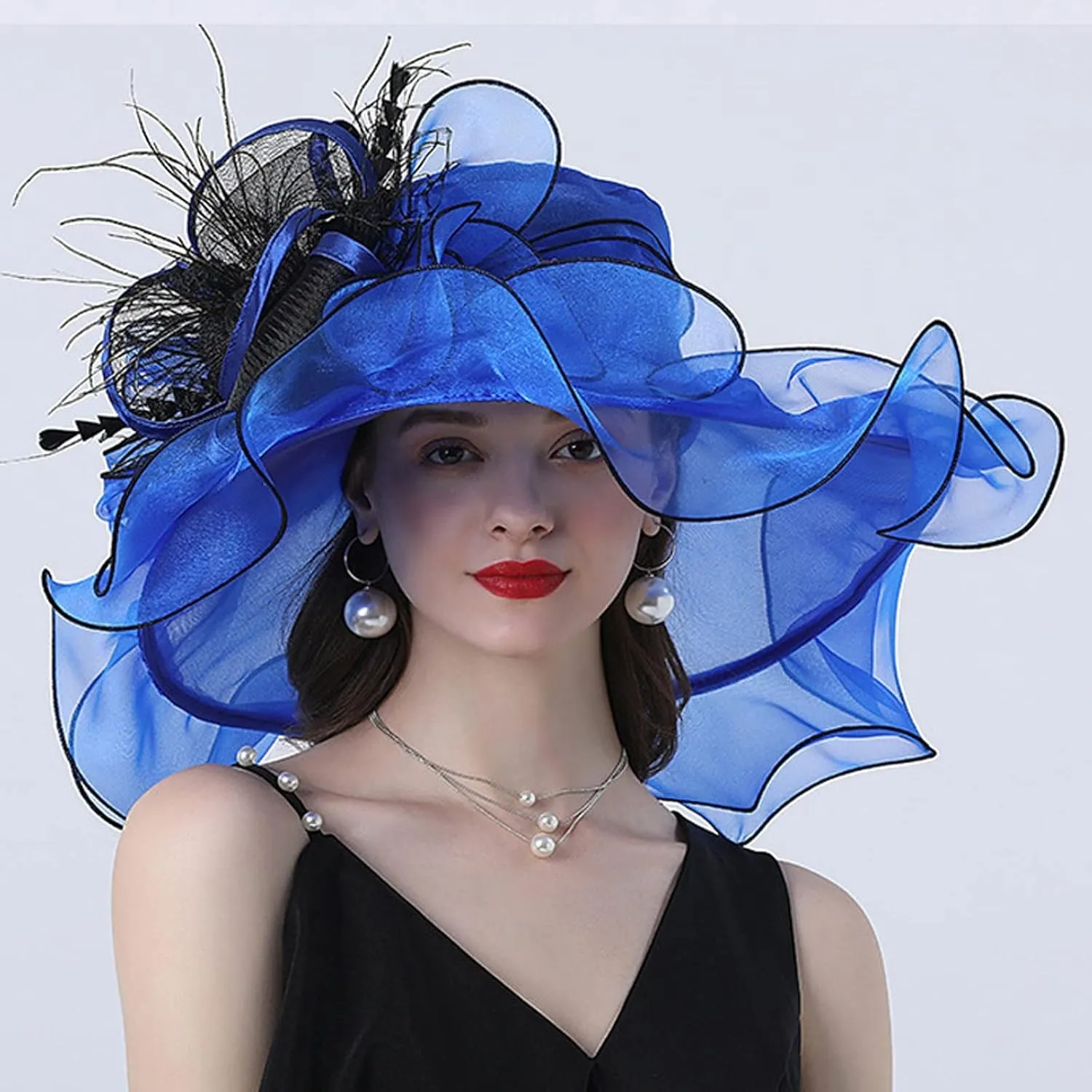 Women's Large Derby Hat Flower Feather Organza Church Flamboyant Fascinators Elegant Wide Brim Tea Party Sun Cap