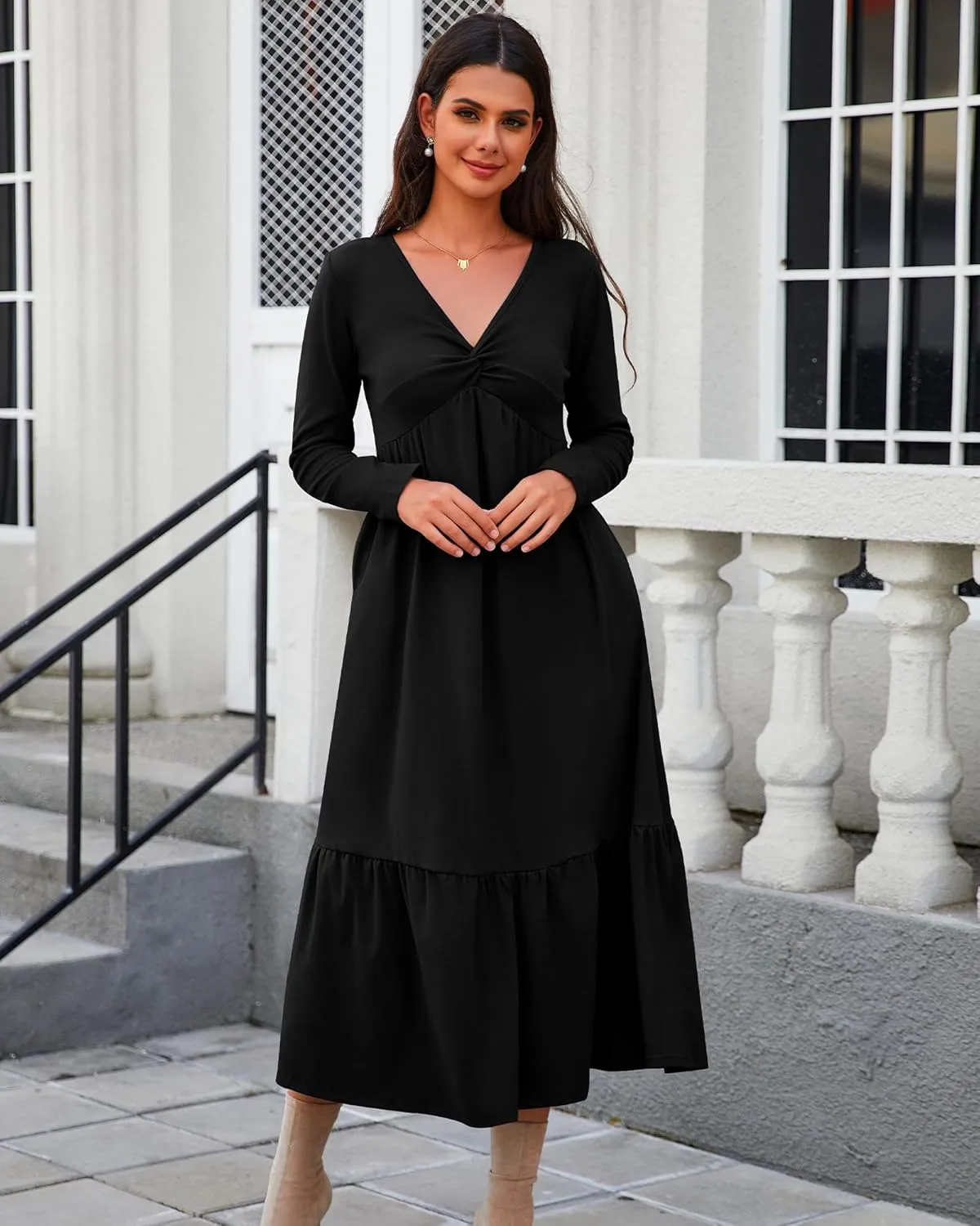 Women's Long Sleeve Dress V Neck Maxi Dresses with Pockets Casual Loose Pleated Tiered