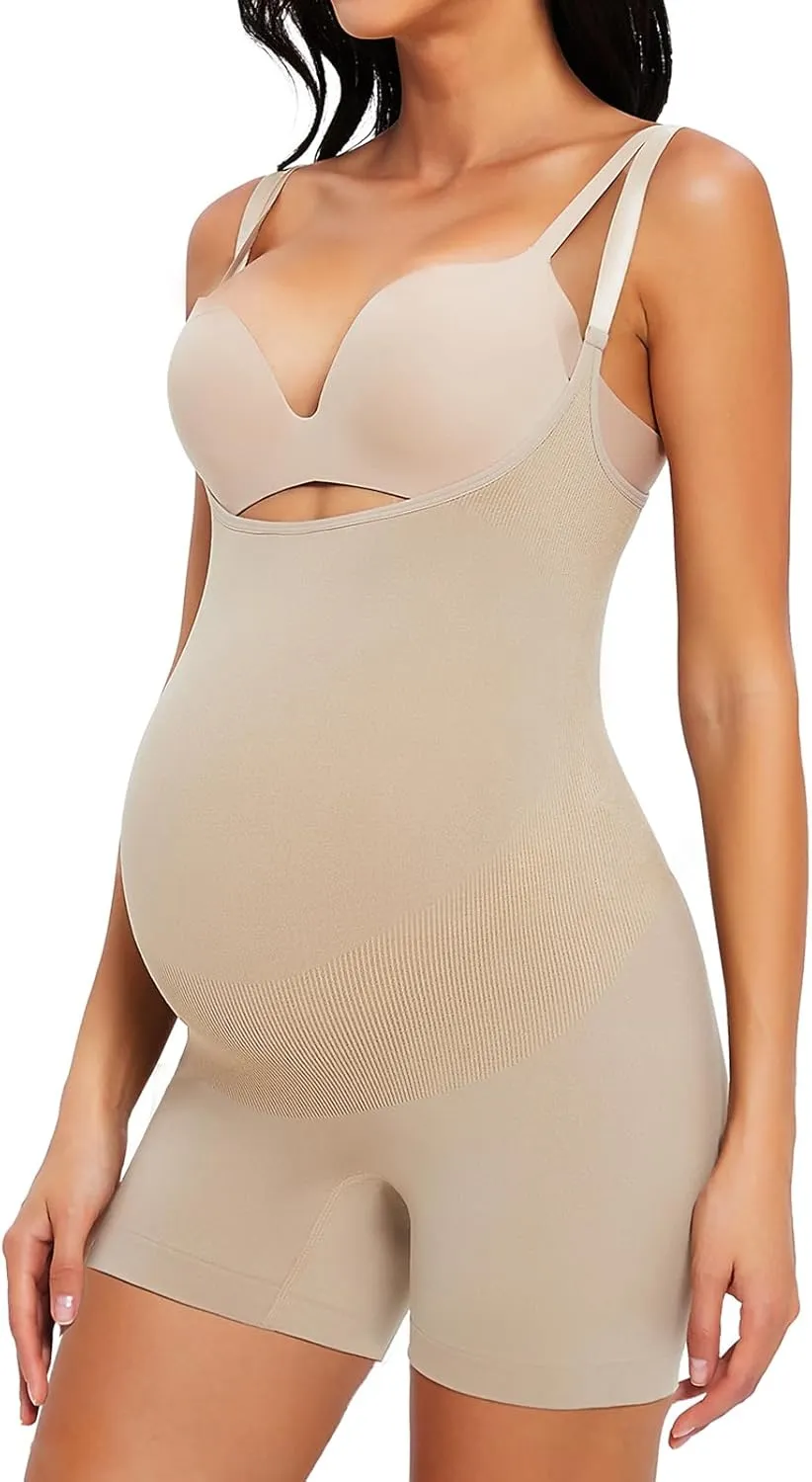 Women's Maternity Bodysuit Pregnancy Shapewear Shorts Bustless Sleeveless Tank Top Belly Support Rib Romper Jumpsuit