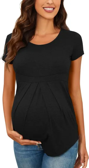 Women's Maternity Tops Short/Long Sleeve Round Neck Front Pleat Peplum Tunic Top Pregnancy Casual T Shirts