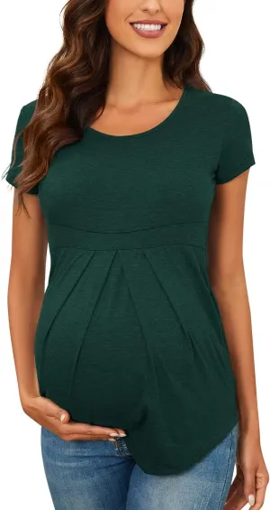 Women's Maternity Tops Short/Long Sleeve Round Neck Front Pleat Peplum Tunic Top Pregnancy Casual T Shirts