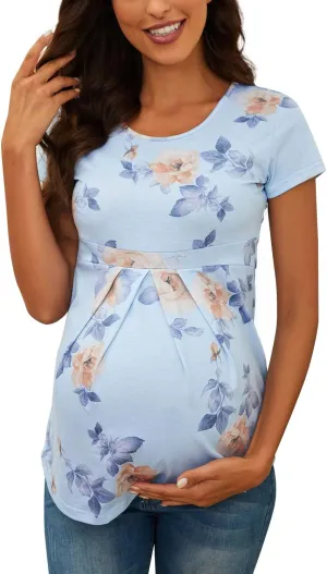 Women's Maternity Tops Short/Long Sleeve Round Neck Front Pleat Peplum Tunic Top Pregnancy Casual T Shirts