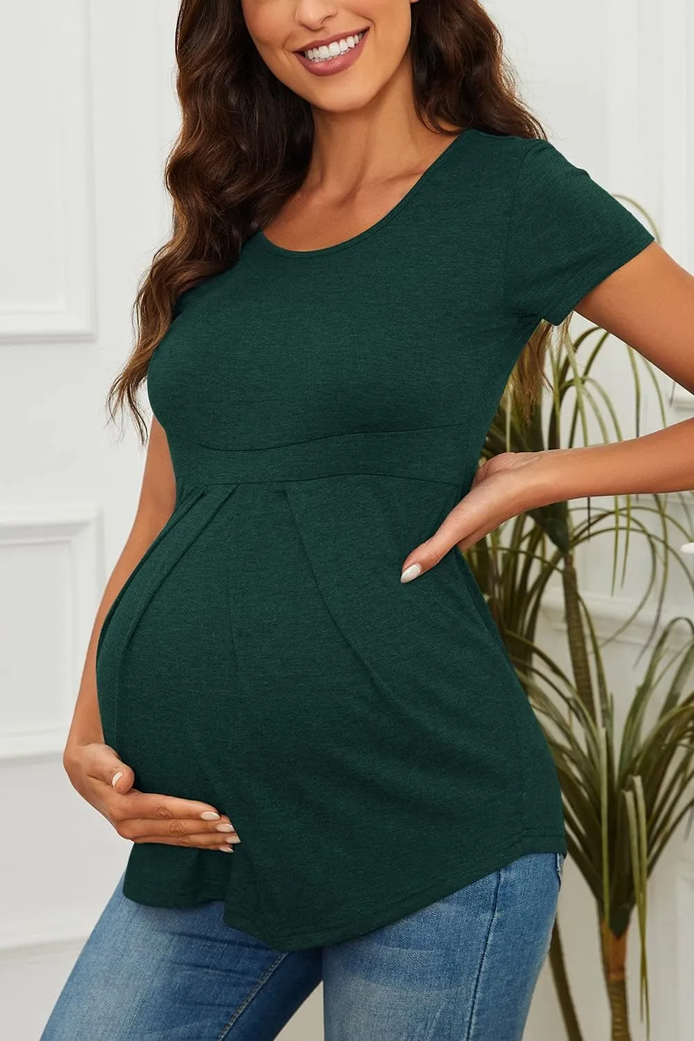 Women's Maternity Tops Short/Long Sleeve Round Neck Front Pleat Peplum Tunic Top Pregnancy Casual T Shirts