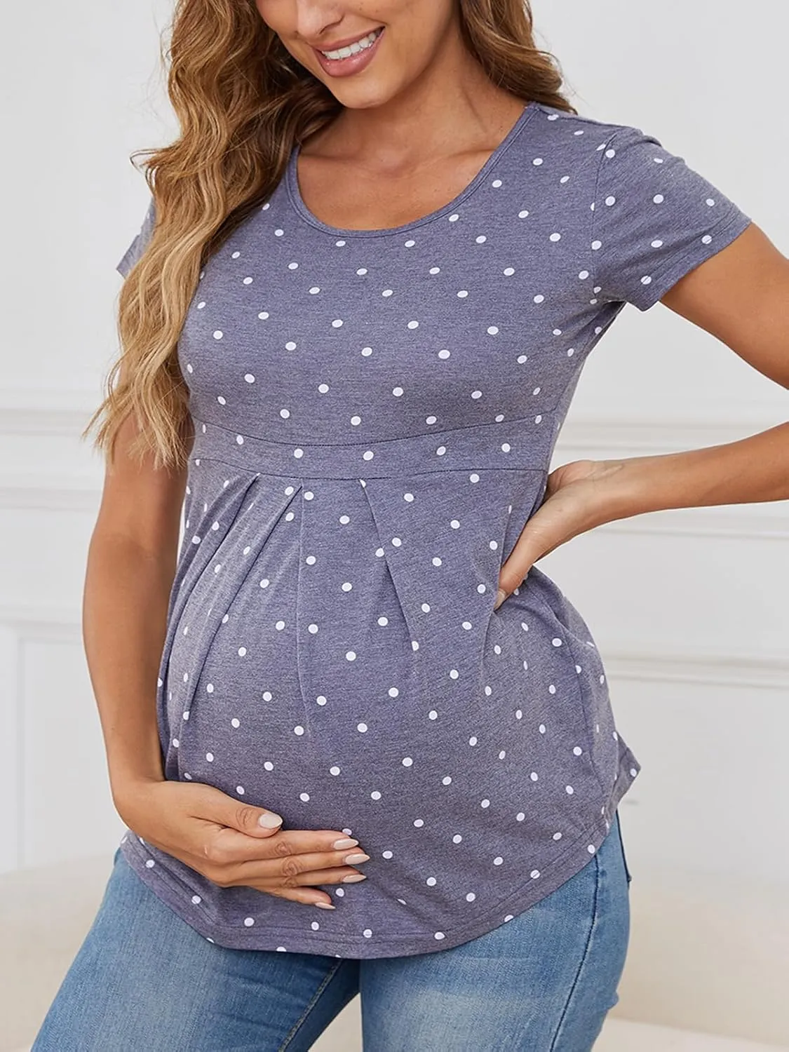 Women's Maternity Tops Short/Long Sleeve Round Neck Front Pleat Peplum Tunic Top Pregnancy Casual T Shirts
