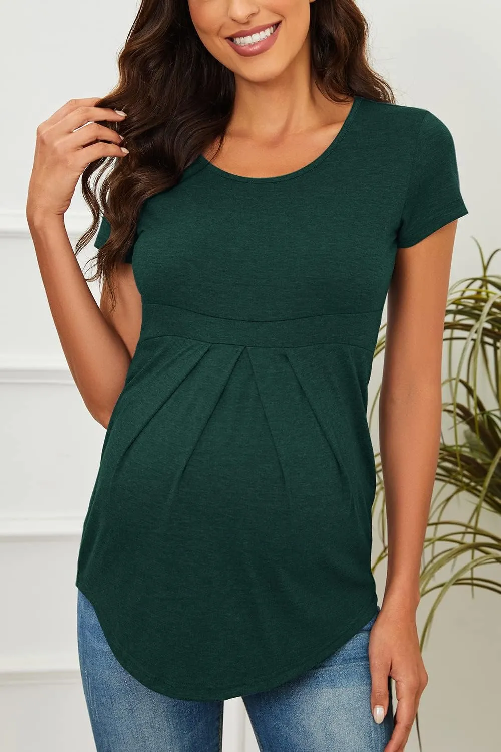 Women's Maternity Tops Short/Long Sleeve Round Neck Front Pleat Peplum Tunic Top Pregnancy Casual T Shirts
