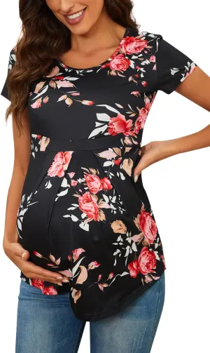 Women's Maternity Tops Short/Long Sleeve Round Neck Front Pleat Peplum Tunic Top Pregnancy Casual T Shirts
