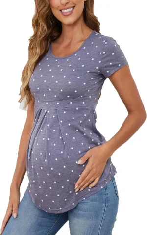 Women's Maternity Tops Short/Long Sleeve Round Neck Front Pleat Peplum Tunic Top Pregnancy Casual T Shirts