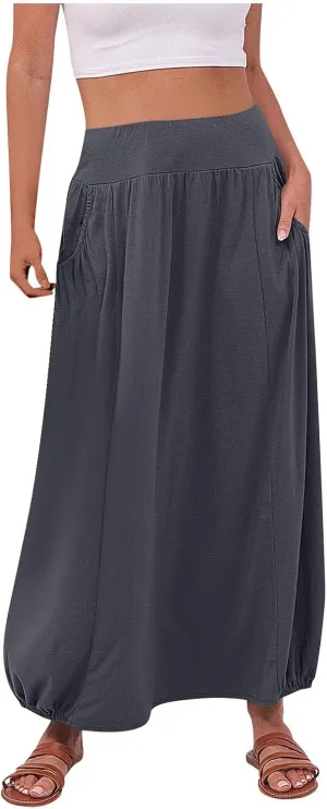 Women's Maxi Boho Skirts High Waisted Baggy Summer Skirts with Pockets Comfy Flowy Beach Skirts A Line Long Skirts
