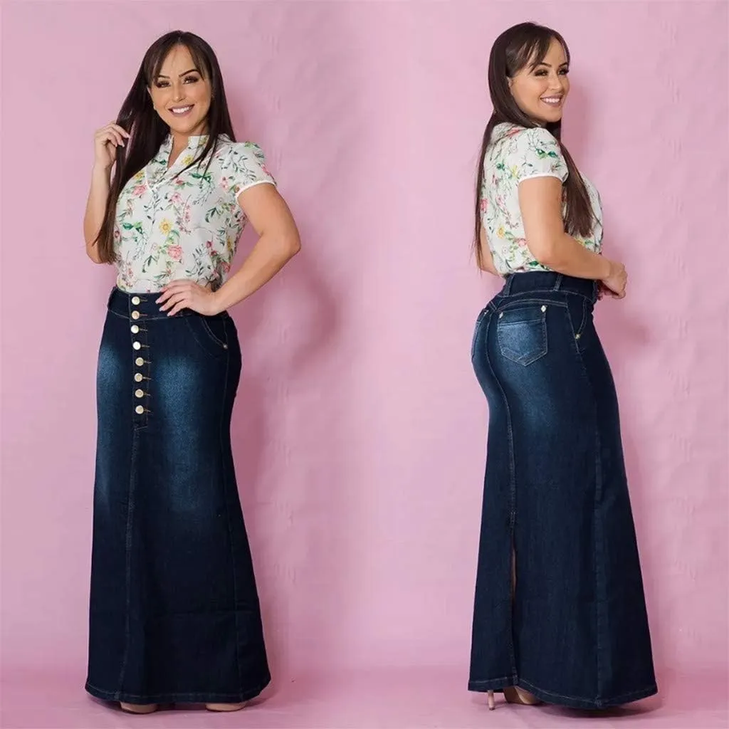 Women's Maxi Denim Skirts Button Front Skirts Washed Jean Casual Skirt Long A-Line Flared Skirts Bodycon Pencil Skirts