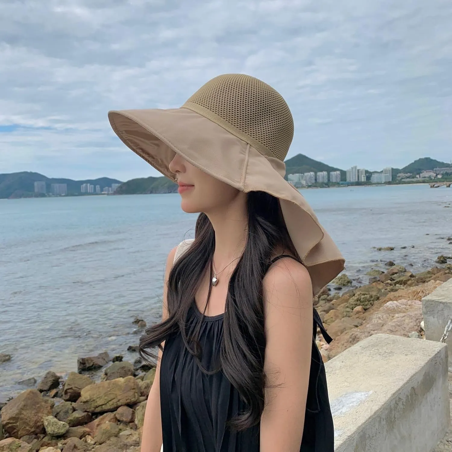 Womens Mesh Breathable Sun Hats UPF50 with Wide Brim Neck Flap Shawl Summer Foldable Beach Travel Fishing Cooling Hat