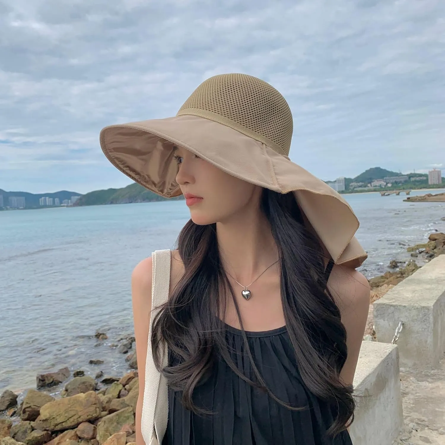 Womens Mesh Breathable Sun Hats UPF50 with Wide Brim Neck Flap Shawl Summer Foldable Beach Travel Fishing Cooling Hat