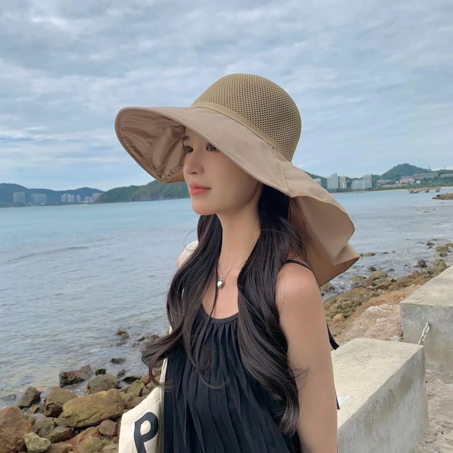 Womens Mesh Breathable Sun Hats UPF50 with Wide Brim Neck Flap Shawl Summer Foldable Beach Travel Fishing Cooling Hat
