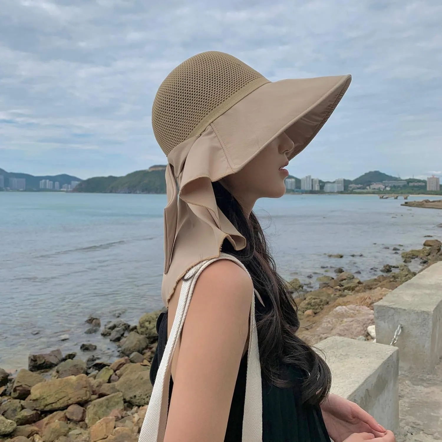 Womens Mesh Breathable Sun Hats UPF50 with Wide Brim Neck Flap Shawl Summer Foldable Beach Travel Fishing Cooling Hat